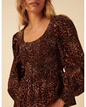 Nobody's Child Leopard Print Shirred Balloon Sleeve Top - Brown
