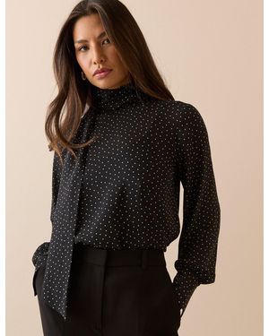 Nobody's Child Polka Dot Tie Neck Blouse - Black