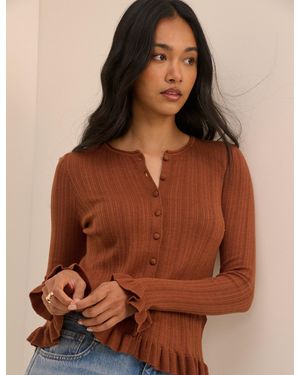 Nobody's Child Rib And Ruffle Sheer Knit Cardigan - Brown