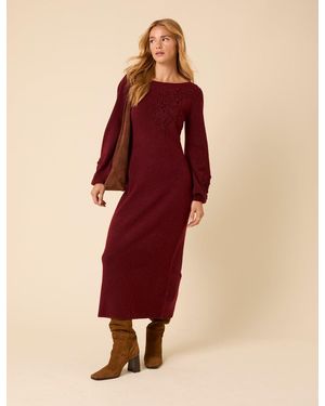 Nobody's Child Burgundy Floral Embroidered Knitted Long Sleeve Midi Dress