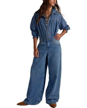 Free People Carpe Diem Long Sleeve Denim Jumpsuit - Blue