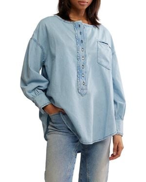 Free People Dreaming Ruffle Oversize Chambray Shirt - Blue