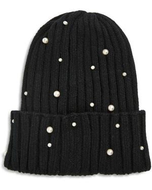 Tasha Faux Pearl Stud Beanie - Black