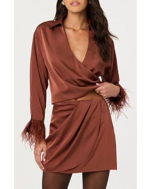 Astr Catrina Feather Accent Surplice Satin Top - Red