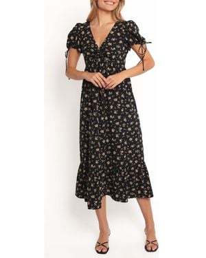 Petal & Pup Zina Floral Puff Sleeve Midi Dress - Black
