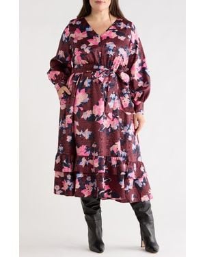 Caslon Belted Long Sleeve Satin Midi Dress - Red