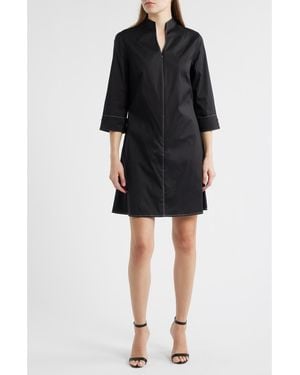 Ming Wang Front Zip Stretch Cotton Shirt Dress - Black
