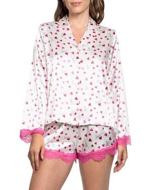 In Bloom Alyssa Heart Print Satin Pajamas - Red