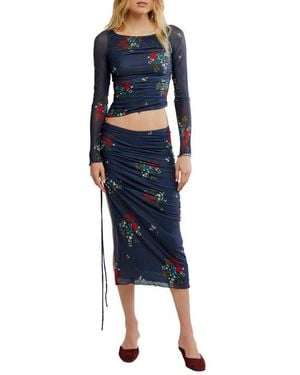 Free People Crimson Lights Floral Mesh Crop Top & Skirt Set - Blue