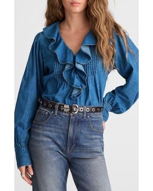Madewell Ruffle Pintuck Long Sleeve Denim Top - Blue