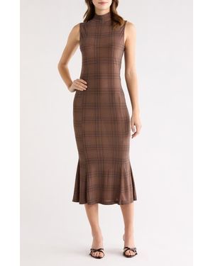 Astr Leigha Plaid Mock Neck Midi Dress - Brown