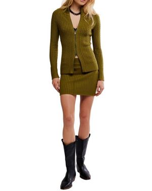 Free People Eliza Cable Zip-Up Cardigan & Rib Miniskirt Set - Green