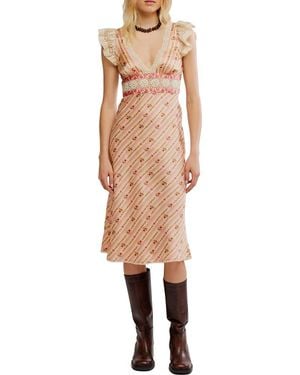 Free People Bali Belle Floral Ruffle Satin Midi Dress - Natural