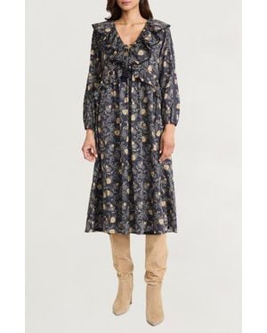 The Good Journey Ruffle Floral Print Long Sleeve Cotton Midi Dress - Black