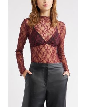 Open Edit Floral Stretch Lace Top - Red