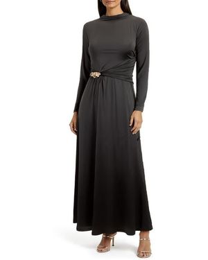 Mila + Mate Belt Detail Long Sleeve Slinky Maxi Dress - Black