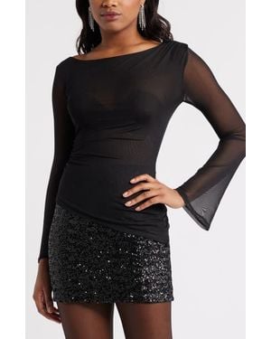 Open Edit Mesh Bell Sleeve Top - Black