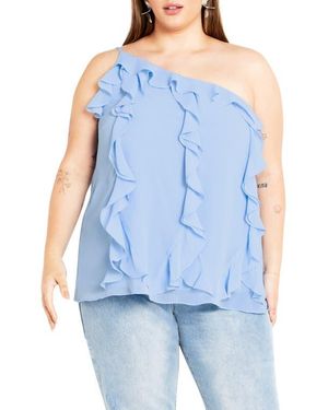 City Chic Rita Ruffle One Shoulder Top - Blue