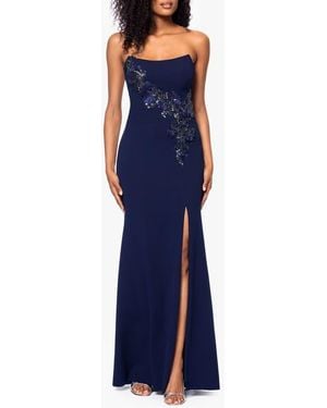 Betsy & Adam Beaded Floral Detail Strapless Scuba Crepe Gown - Blue