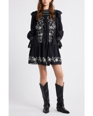 Treasure & Bond Smocked Embroidered Long Sleeve Minidress - Black