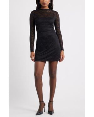 Open Edit Long Sleeve Lace Body-Con Dress - Black