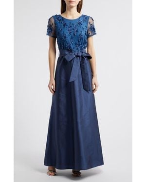 Pisarro Nights 3D Floral Bodice Beaded Gown - Blue