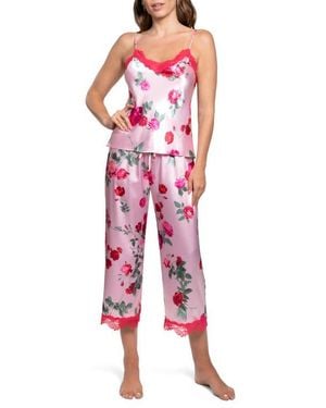 In Bloom Alyssa Lace Trim Strappy Crop Satin Pajamas - Red