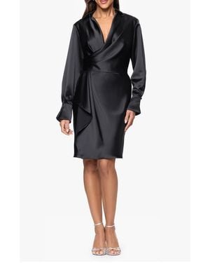 Xscape Evenings Long Sleeve Satin Wrap Cocktail Dress - Black