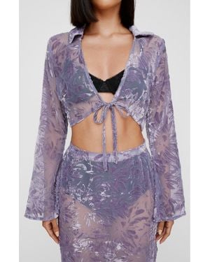 Nasty Gal Devoré Tie Front Velvet Jacquard Crop Top - Purple