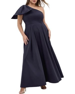 City Chic Captivate Bow One-Shoulder A-Line Gown - Blue