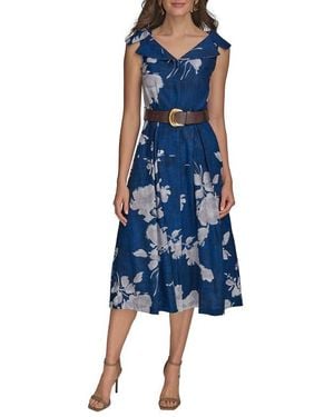 Donna Karan Floral Linen Blend Dress - Blue