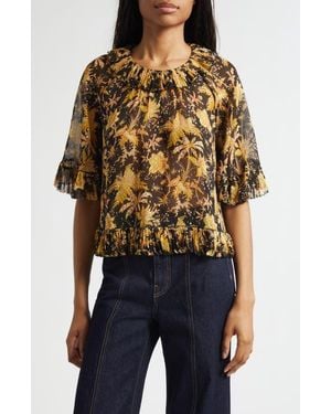 Ulla Johnson Helaine Botanical Print Metallic Flutter Sleeve Silk Blend Top - Black
