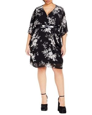 City Chic Bouquet Flutter Sleeve Faux Wrap Dress - Black