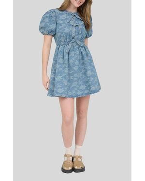 Blu Pepper Bow Detail Floral Jacquard Minidress - Blue