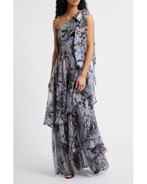 Lulus Amara Floral One-Shoulder Gown - Gray