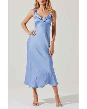 Astr Zoie Ruffle Neck Satin Slipdress - Blue