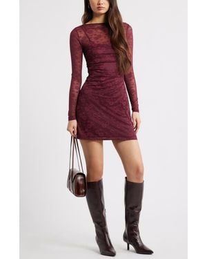 Open Edit Long Sleeve Lace Body-Con Dress - Red