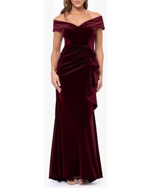 Xscape Evenings Ruffle Off The Shoulder Stretch Velvet Gown - Red