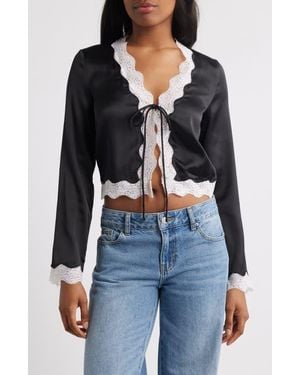 Nasty Gal Lace Trim Tie Front Satin Top - Black