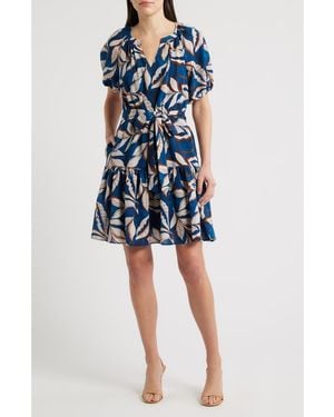 Julia Jordan Puff Sleeve Tie Belt Minidress - Blue