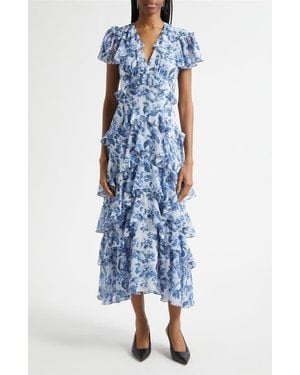 Cinq À Sept Floral Tiered Ruffle Dress - Blue