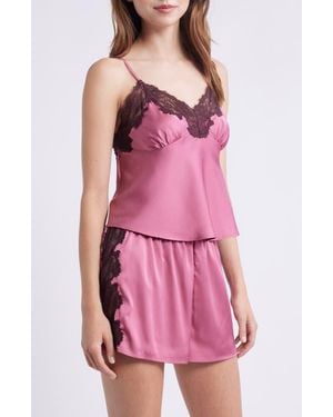 Open Edit Lace Trim Satin Short Pajamas - Red