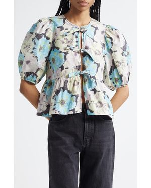 Ganni Print Puff Sleeve Peplum Organic Cotton Top - Blue