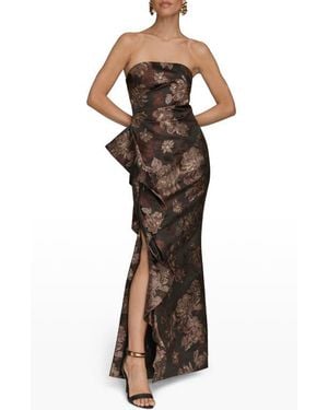 Donna Karan Metallic Floral Jacquard Strapless Gown - Brown