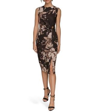 Donna Karan Poly Floral Print Cap Sleeve Midi Dress - Black