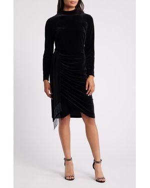 Tahari Bead Detail Long Sleeve Stretch Velvet Cocktail Dress - Black