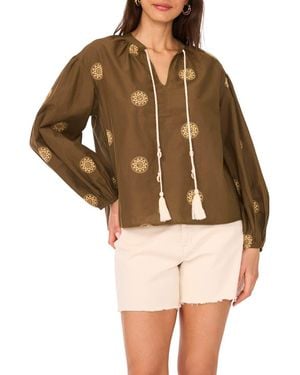 Two By Vince Camuto Embroidered Tassel Tie Neck Top - Brown
