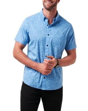 Travis Mathew Canopy Breeze Floral Short Sleeve Stretch Cotton Blend Button-Up Shirt - Blue