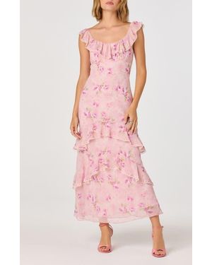 Astr Laisha Floral Ruffle Trim Midi Dress - Pink