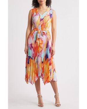 Tahari Abstract Print Pleated Handkerchief Hem Midi Dress - Orange